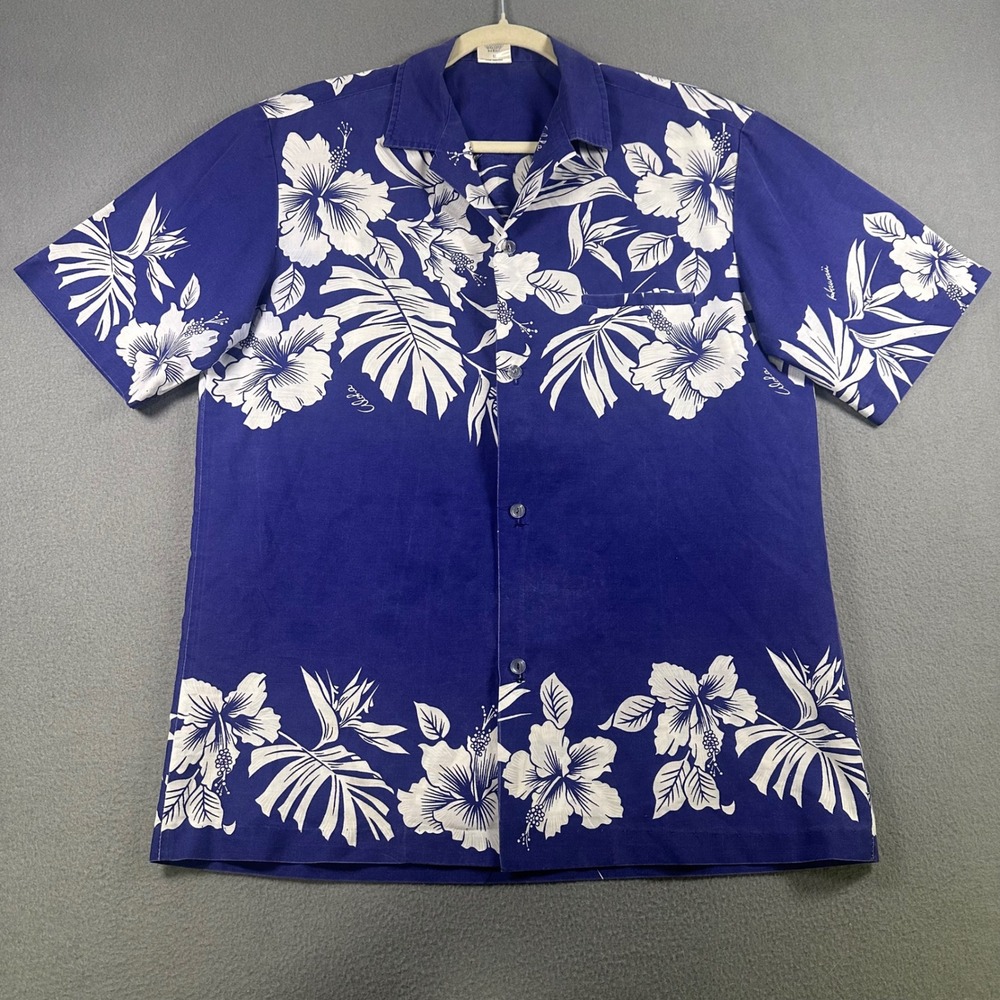 Royal Creations Hawaii Mens Blue White Hibiscus Floral Aloha Camp Shirt Medium